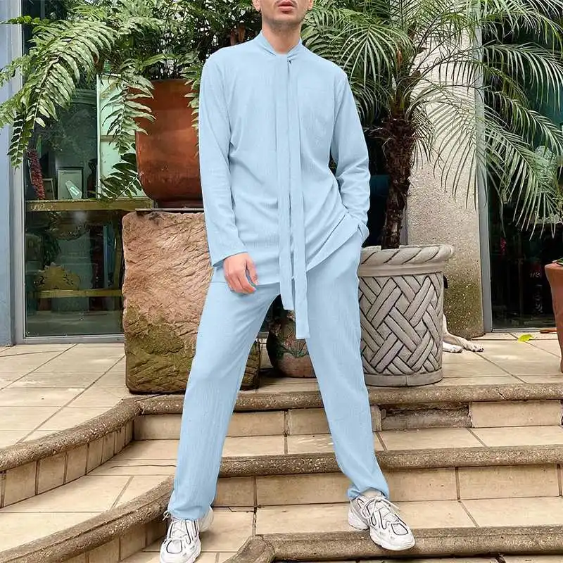 

INCERUN 2023, мужской однотонный топ на бретелях с длинным рукавом, брюки в американском стиле, Повседневная Уличная одежда, мужской стиль, Женский костюм из двух предметов