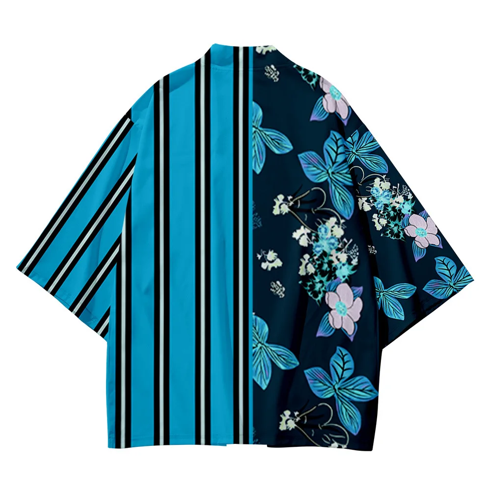 

Creative Japanese Sets Kimono Cardigan Men Women Haori yukata Obi Blue Striped Beach Harajuku Robe Shirt Girls Boys Pant Suit