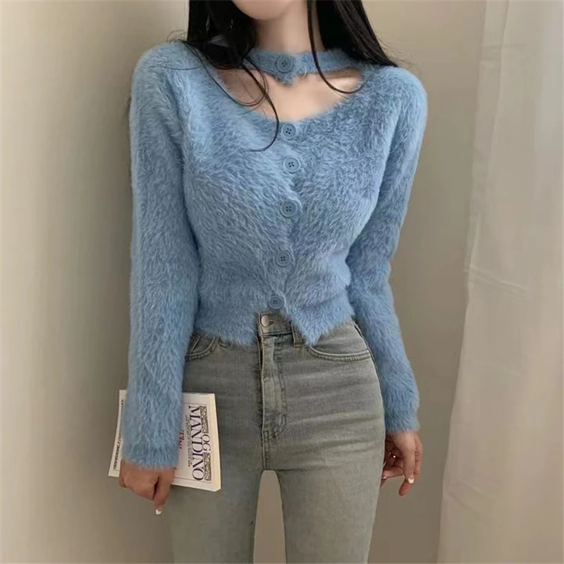 

Вязаный кардиган с лямкой на шее из искусственной норки кашемира корейский женский облегающий свитер винтажный мягкий осенне-зимний трико...