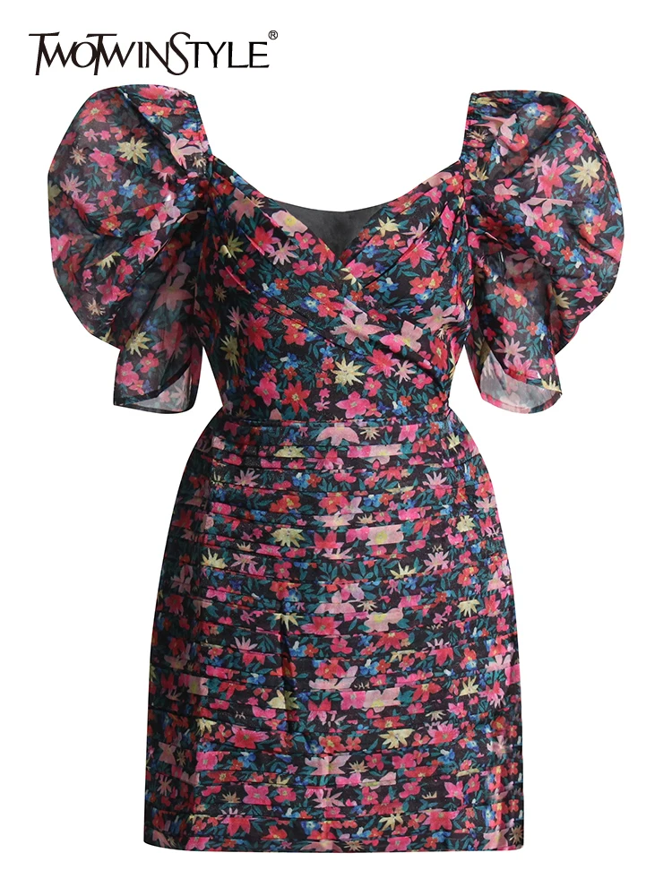 

Женское мини-платье twotwin2, платье с цветочным принтом, v-образным вырезом, пышными рукавами, высокой талией и цветными блоками, летняя одежда, ...