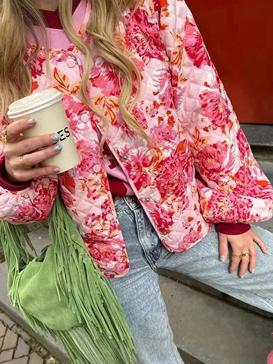Женская Стеганая куртка на пуговицах Легкий Повседневный Кардиган с цветочным