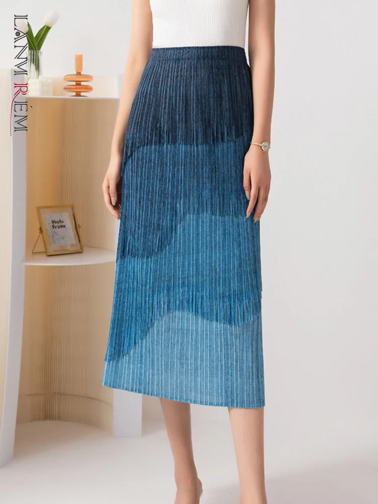 

LANMREM Tassel Stitching Blue Gradient A-line Split Skirt Women's 2022 Summer New Fashion High Waist Thin Skirts 2R4725