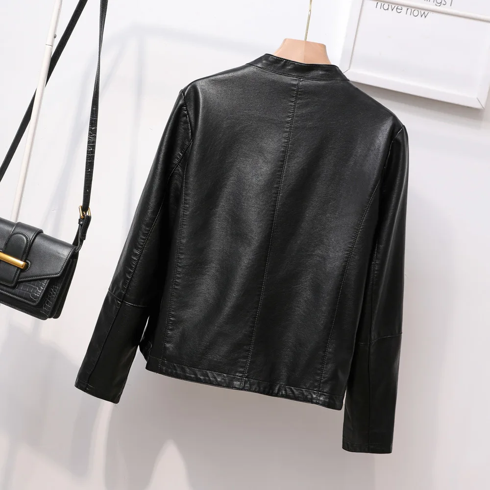 Aliexpress 2023 spring new women's collarless simple a zipper leather jacket jacket leather