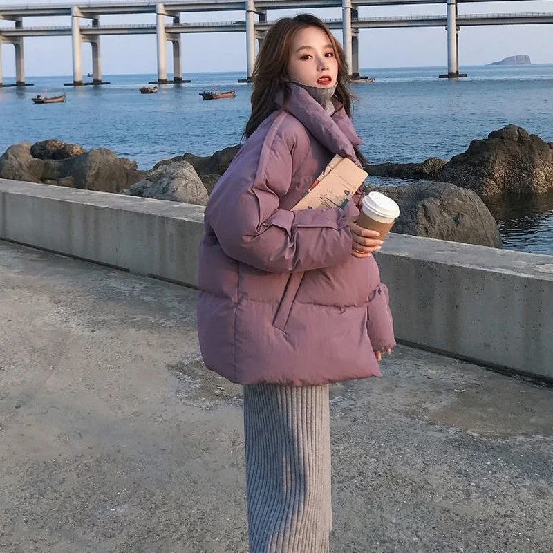 Autumn and Winter New Fashion Trend Solid Color Lazy Wind Solid Color Loose Down Jacket Plus Velvet Thick Thick Warm Jacket
