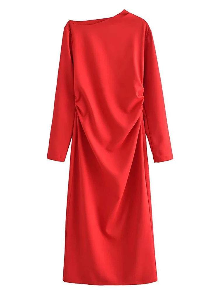 

YENKYE Women Fashion Asymmetrical Collar Draped Red Dress Long Sleeve Sexy Hem Slits Female Party Long Dress