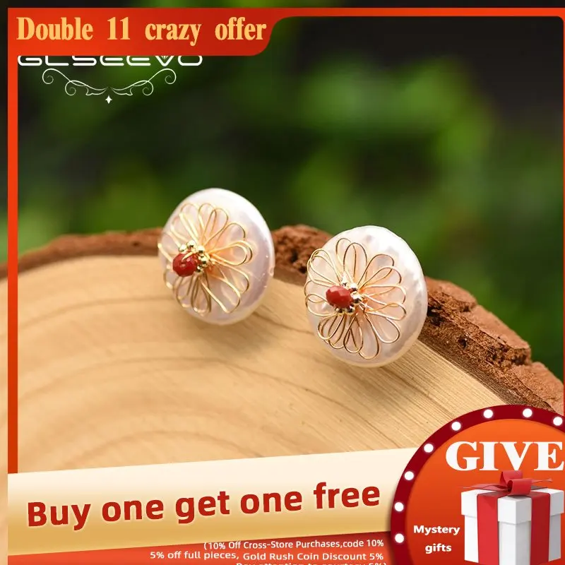 

GLSEEVO Natural Fresh Water Baroque Round White Pearl Stud Earrings For Women Bride Wedding Handmade Minimalist Jewelry GE0726