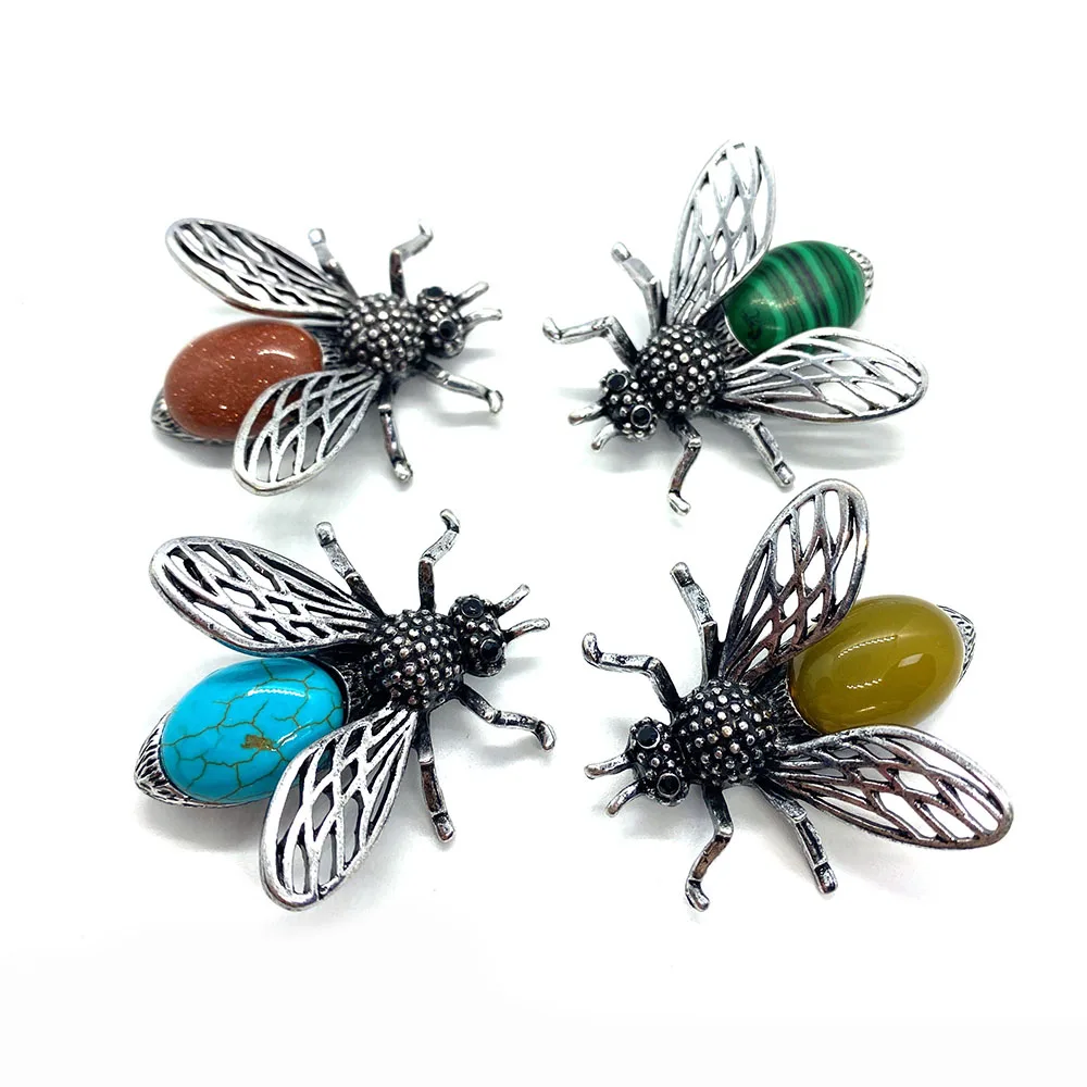 

Natural Stone Insect Brooch Pins Badge Lapis Lazuli Amethysts Abalone Shell Agate Malachite Brooch DIY Making Jewelry Accessory