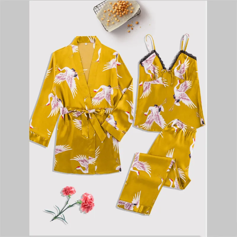 Women's Pajamas Suit Full Sleeve Belt Robe Vest Pants 3Piece/Set Sexy Cartoon Print Pyjama Cute Homewear Cozy Fashion Sleepwear
