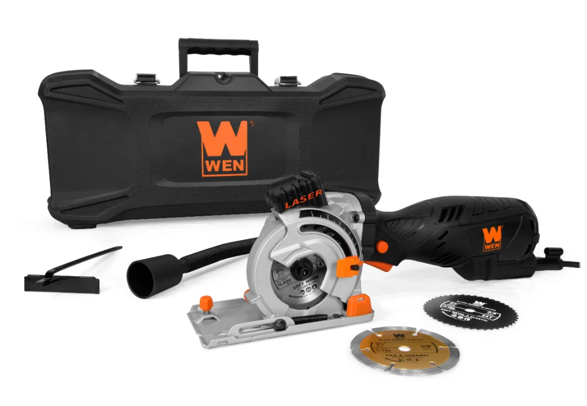 

Electric Saw 5-Amp 3-1/2-Inch Plunge Cut Compact Circular Saw with Laser, Carrying Case, and Three Blades