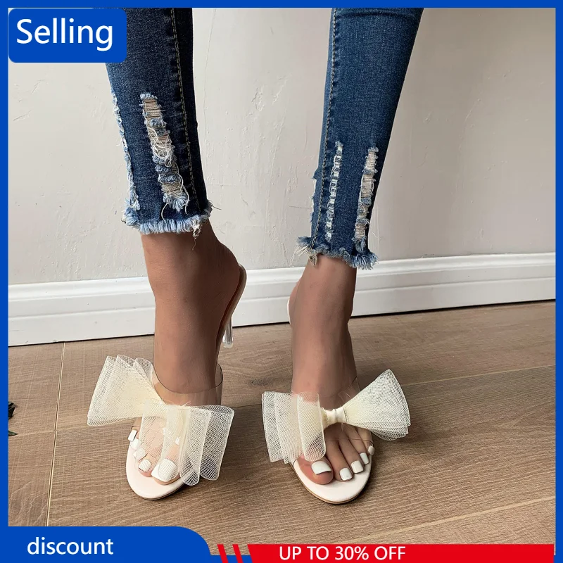 

Женские однотонные туфли на тонком высоком каблуке, белые удобные тапочки с бантом, лето 2023