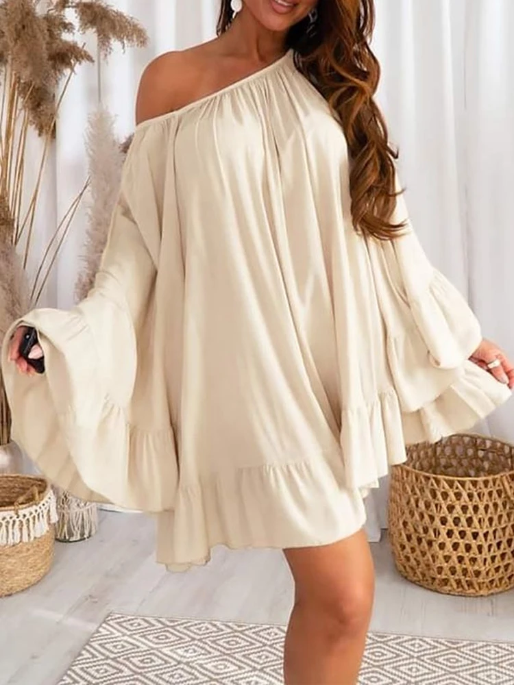 

Ladies Temperament Dress Elegant Ruffes Women Party Beach Dress Casual O Neck Loose High Street Dress 2022 Solid Pullover Dress