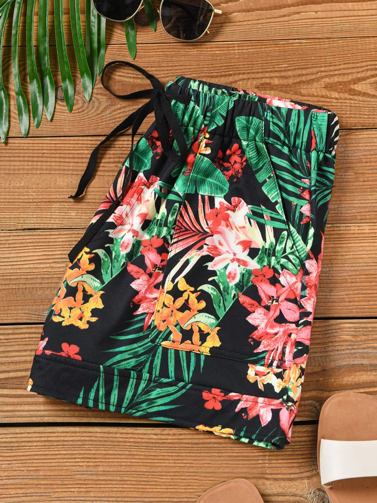 Floral Palm Leaf Drawstring Pocket Shorts Summer Women Shorts Casual Shorts Fitness Exercise Beach Shorts Breathable Men Shorts