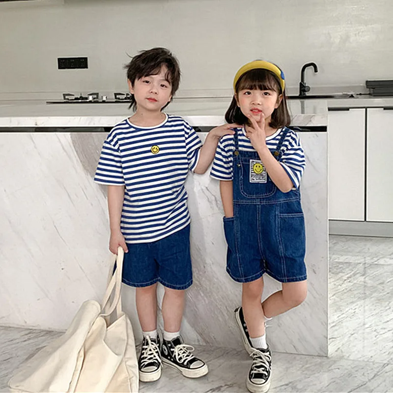 

2022 Summer Kids Clothes Sets Brother Sister Matching Outfits Children's Cute t Shirts+Denim Overalls Suit Boys Girls Jeans Suit