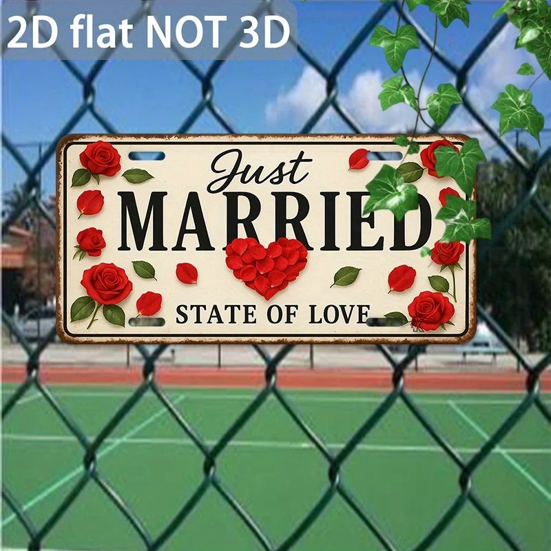 

Винтажная Алюминиевая Табличка «Just Married» С 2D Плоским Дизайном, Красными Розами И Сердцами
