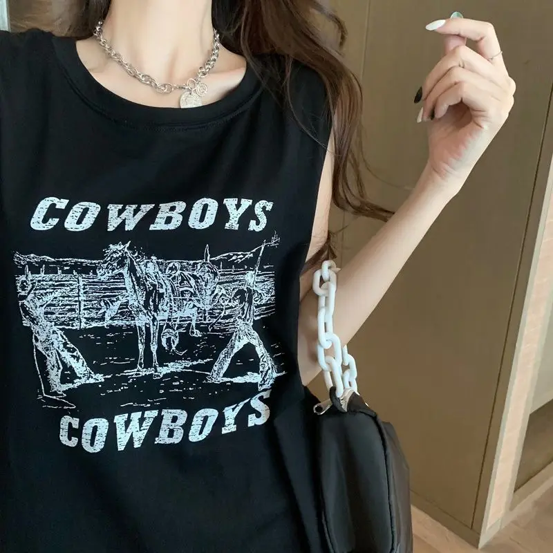 

Футболка без рукавов в стиле ретро, Женский студенческий жилет в Корейском стиле, летняя одежда, футболка средней длины в американском ретро-стиле с граффити