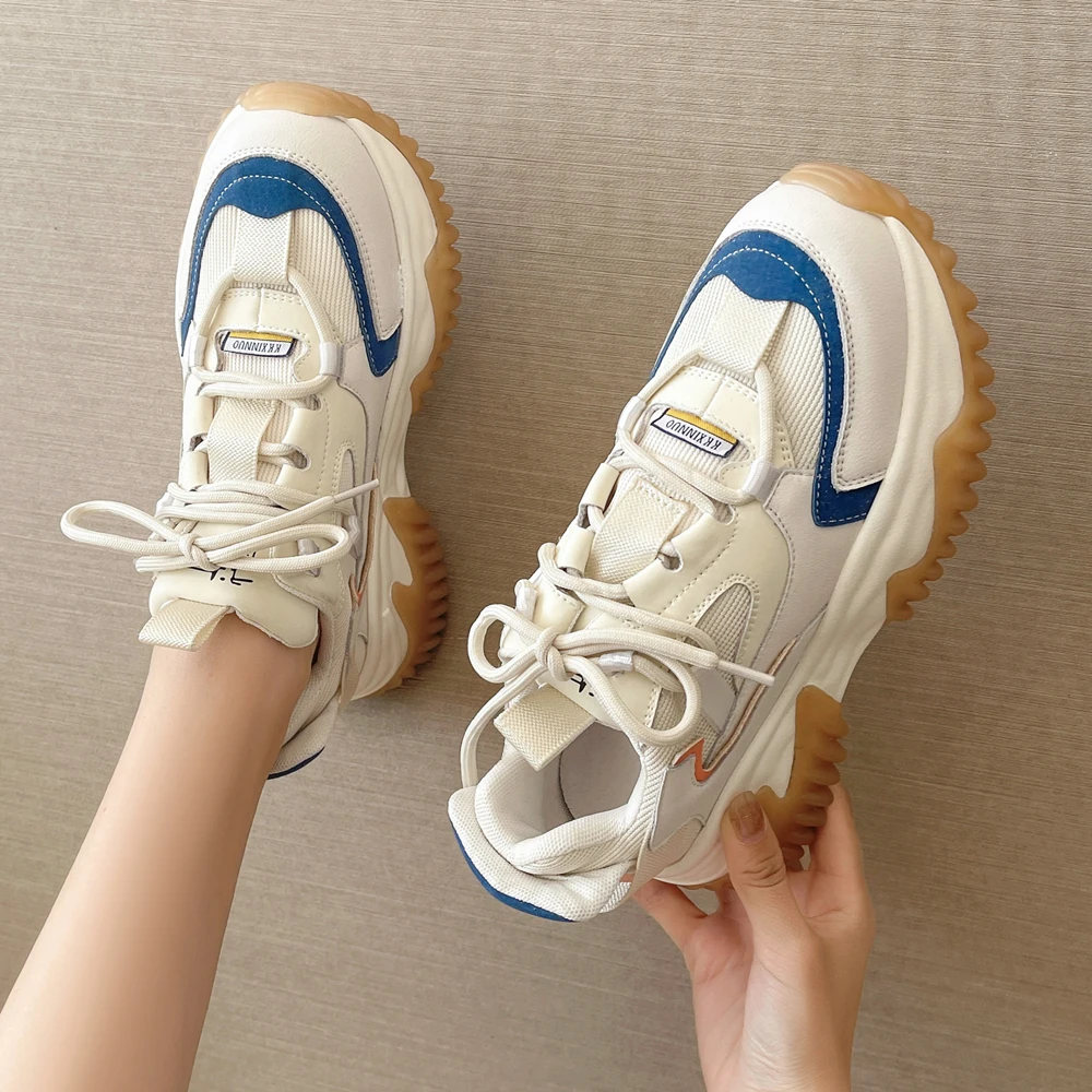 

2022 New Fashion Women Spring Summer Platform Tennis Shoes Round Toes Wedges School Sports Casual Shoes Lace Up Sneakers Blue
