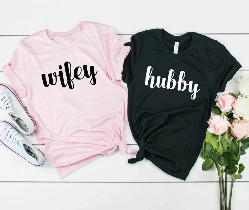 

Women Men Lovers Sweatshirt Couples Short Sleeve Tshirts Wifey Hubby Couple Tees Christmas Casual Lovers