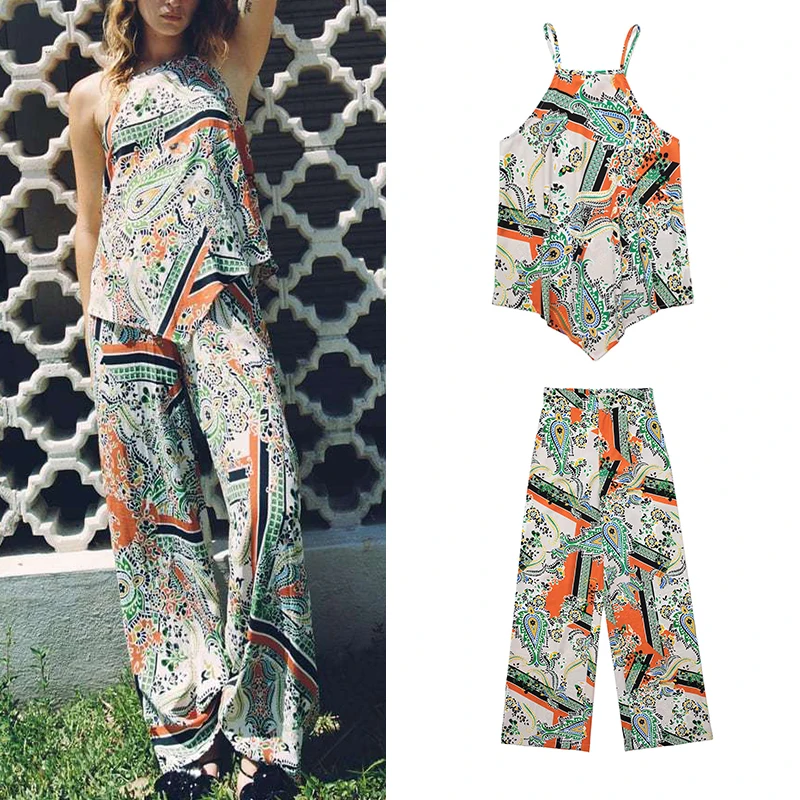 

2022 Summer Women Sleeveless Halterneck Collar Asymmetric Hem Printed Camisole High Waist Loose Pants Two Piece Suit LY9936
