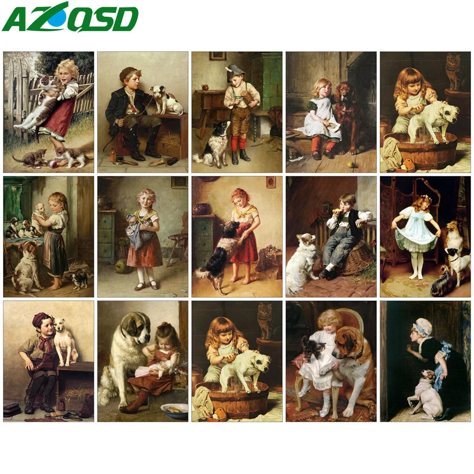 

AZQSD Adult Paint By Numbers Girl Dog Portrait Animal Home Decor Drawing By Numbers Set Hand Paint Kits On Canvas Wall Art