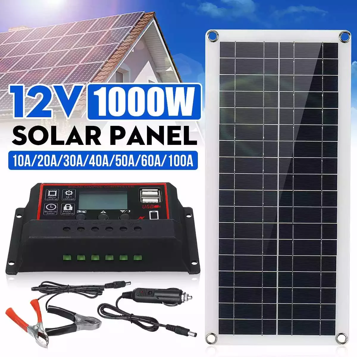 

1000W Solar Panel Kit 12V USB charging Solar Cell Board Controller Portable Waterproof Solar Cells for Phone RV Car MP3 PAD