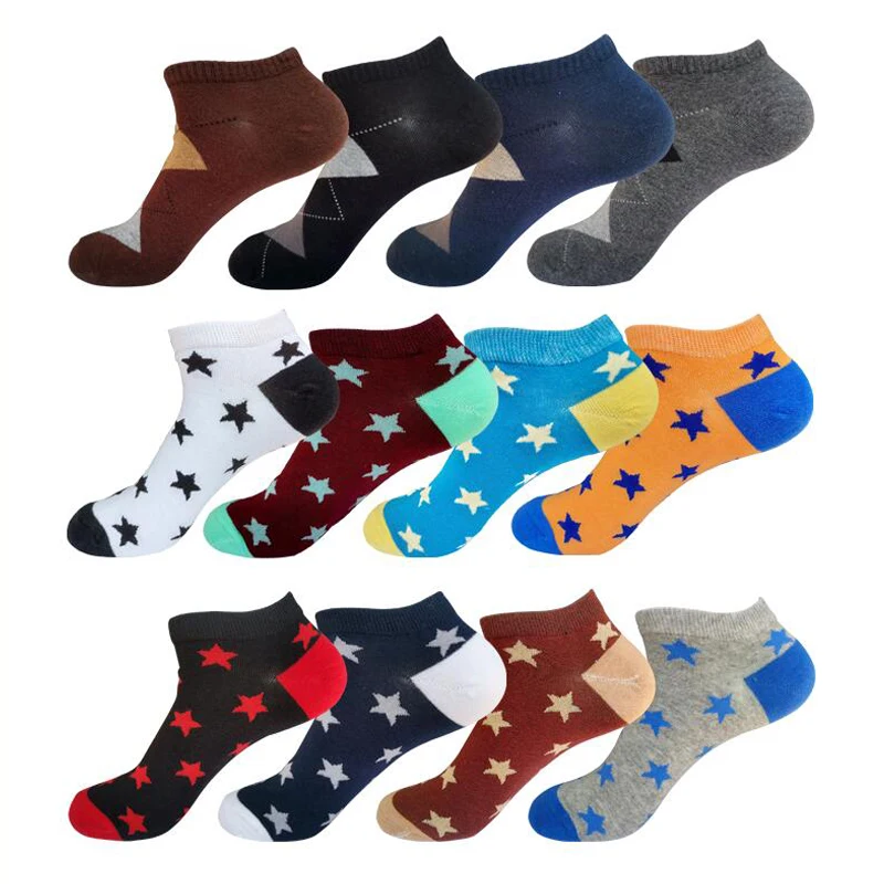 

12 Pairs/Set Boat Socks Men Cotton Color Star Square Geometric Design Men Socks Men Daily Leisure Summer