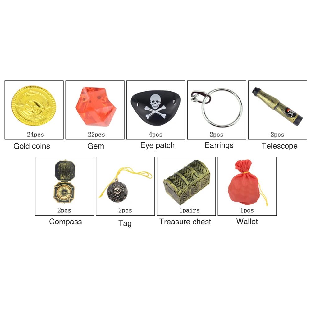 

60pcs Gem Gold Coin Money Pouch Pretend Play Treasure Chest Eye Patch Tag Gift Home Simulation Pirate Toy Set Artificial Earring