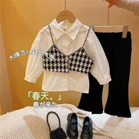 mila chou 2022 spring autumn girls fashion shirt suit children suspender blouse black flared pants set outfit kid clothes