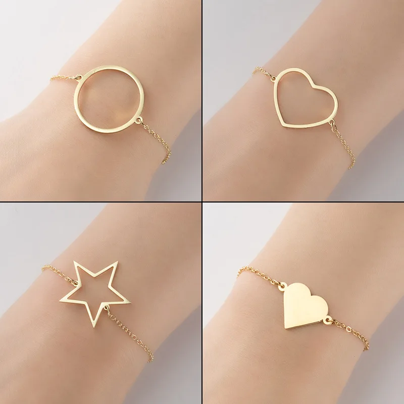 Минималистичные золотистые браслеты с подвесками в виде сердца бриллиантовые из