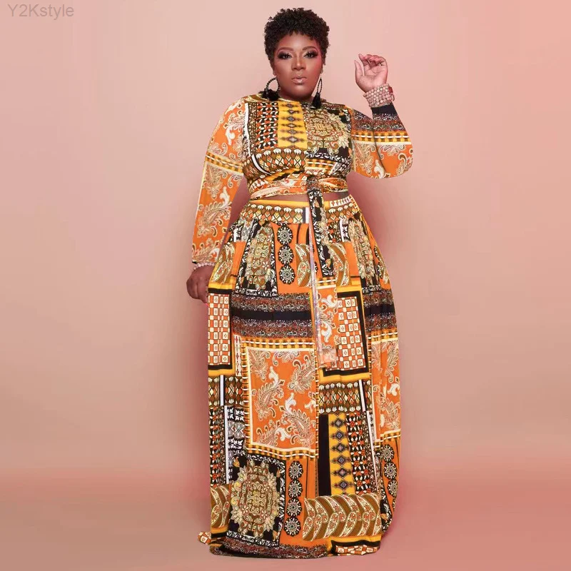 Women Plus Size Dress Print Bandage Sashes Long Dresses Fashion Loose Maxi Vestidos Female Vintage Outfits Autumn 2022