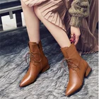 Женские ботильоны, коричневые осенне-зимние новые привлекательные ботинки на среднем каблуке с острым носком, женские ботинки в британском стиле на толстой подошве со шнуровкой, большие размеры