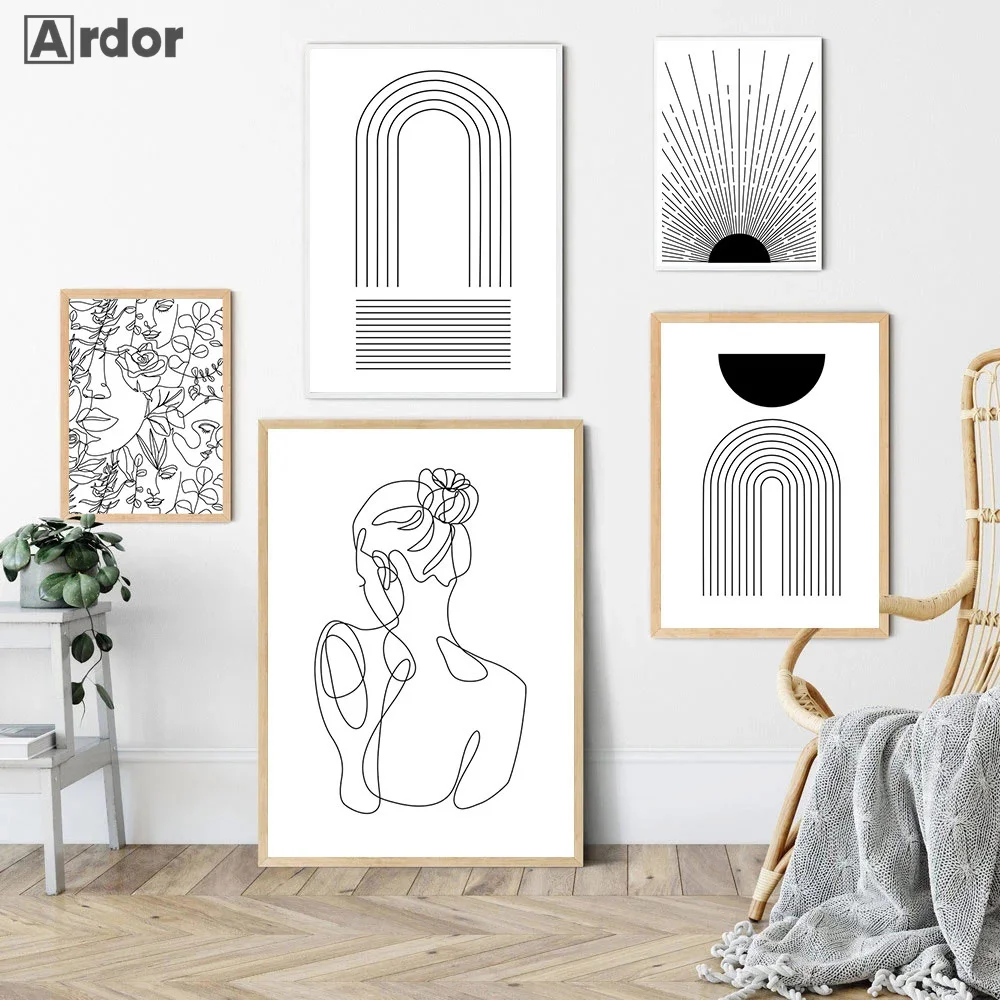 

Geometry Abstract Sun Posters Canvas Painting Line Woman Poster Art Print Nordic Paintings Wall Pictures Living Room Home Decor