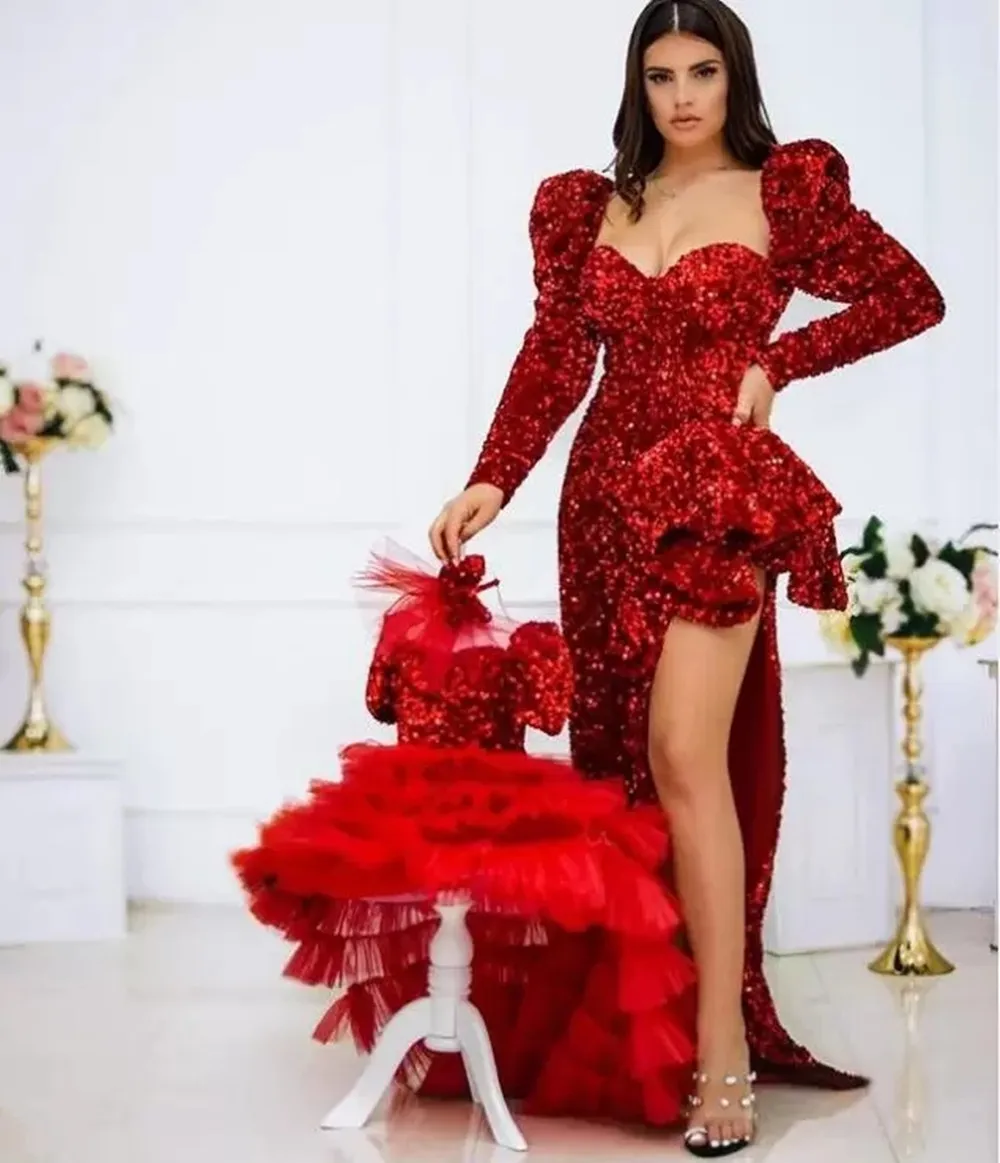 

Восхитительные красные вечерние платья с блестками, с разрезом до бедра, пышные с длинными рукавами 2023, сексуальные женские Формальные плат...