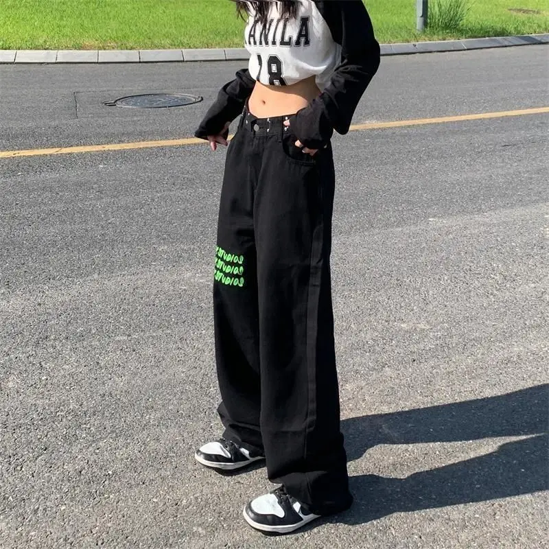 Streetwear Vintage Jeans High Waisted Black Y2k Retro Fashion Printing Trousers For Women's Summer Korean Style Denim Long Pants