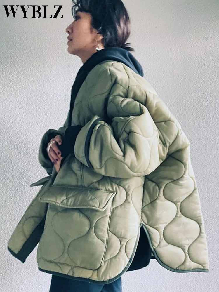 WYBLZ Autumn Winter Women's Loose Jackets Thin Parka Oversize Coats Round Neck Outwear Female Coats Long Sleeve Cotton Clothing