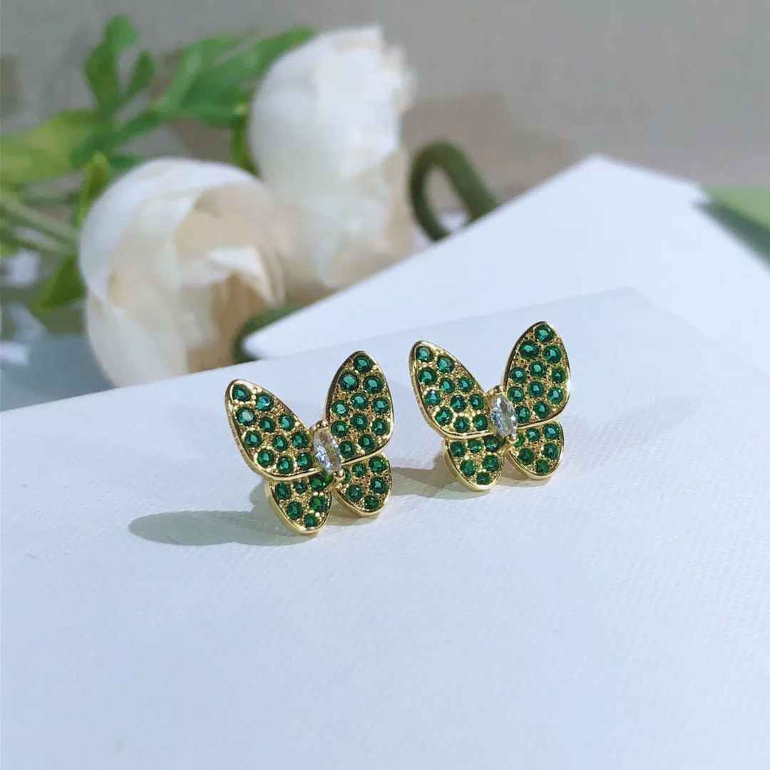 

S925 Silver Fashion Earrings Clover Ear Buckles Set with Green Diamond Butterfly Haute Couture Trend Jewelry Gifts