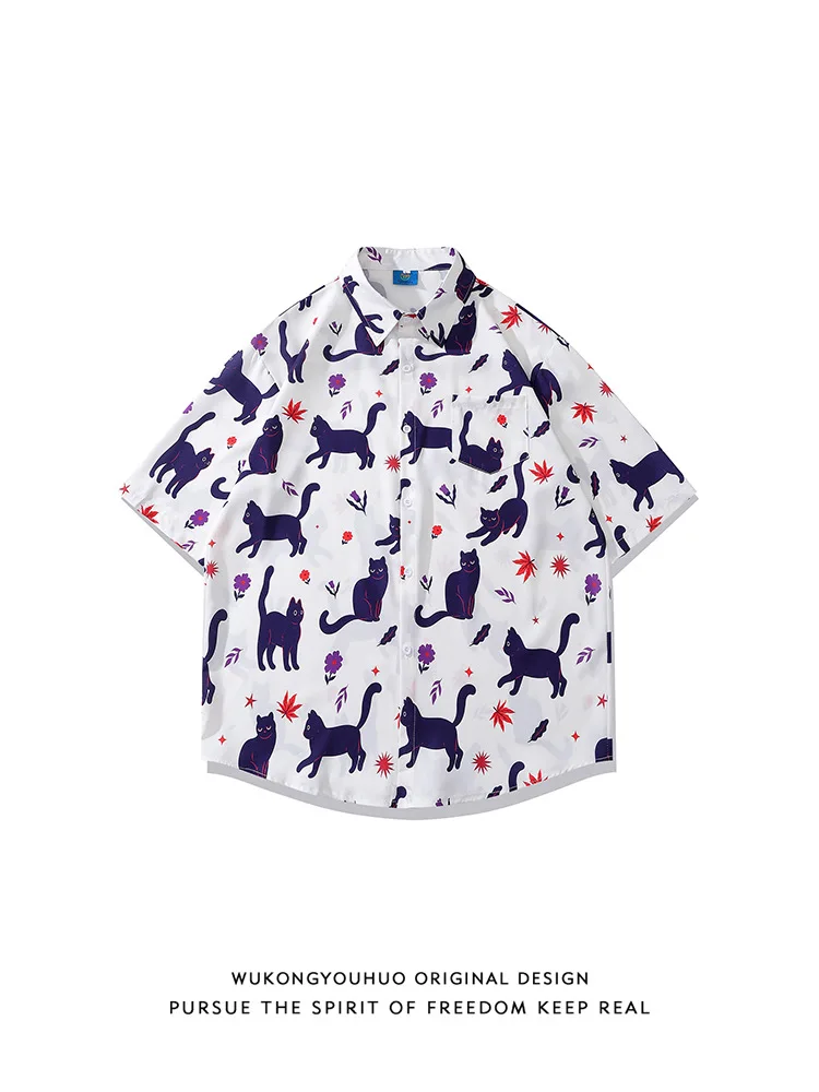 

Summer Retro Cat Full Printed Short-Sleeved Shirt Men's Fashion Brand Loose Couple Casual All-Matching Flower Shirt