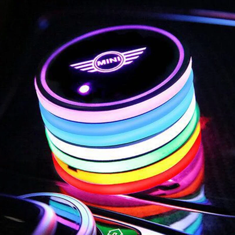 

2X Led Car Logo Cup Light UBS Car Atmosphere Light Colorful Water Coaster For Mini Cooper Countryman F54 F55 F60 R55 R56 R60 R61