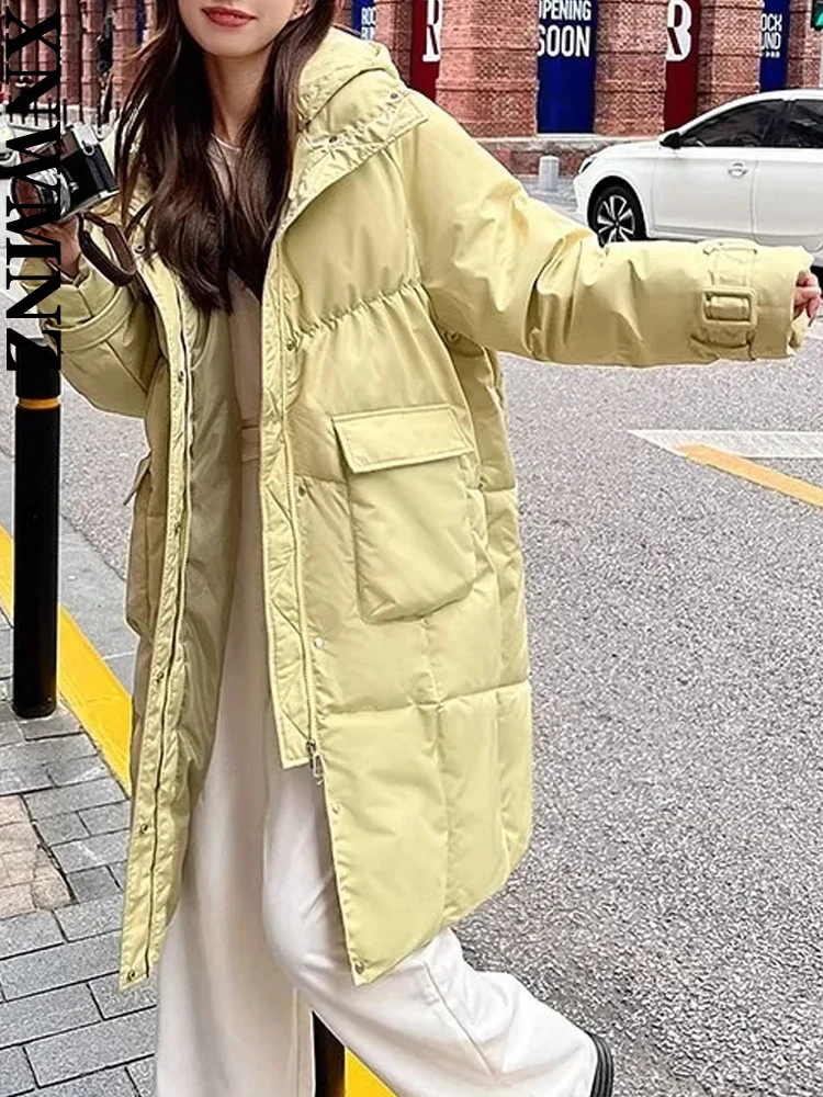 XNWMNZ 2022 Women Fashion Hooded Long Cotton Clothes Woman Retro Pocket Oversize Jackets Winter Coat Female Chic Outwear