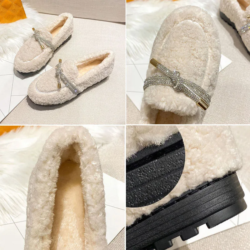 Crystal String Bowtie Loafers Women Curly Lambswool Flats Winter Cotton Shoes Ladies Office Dress