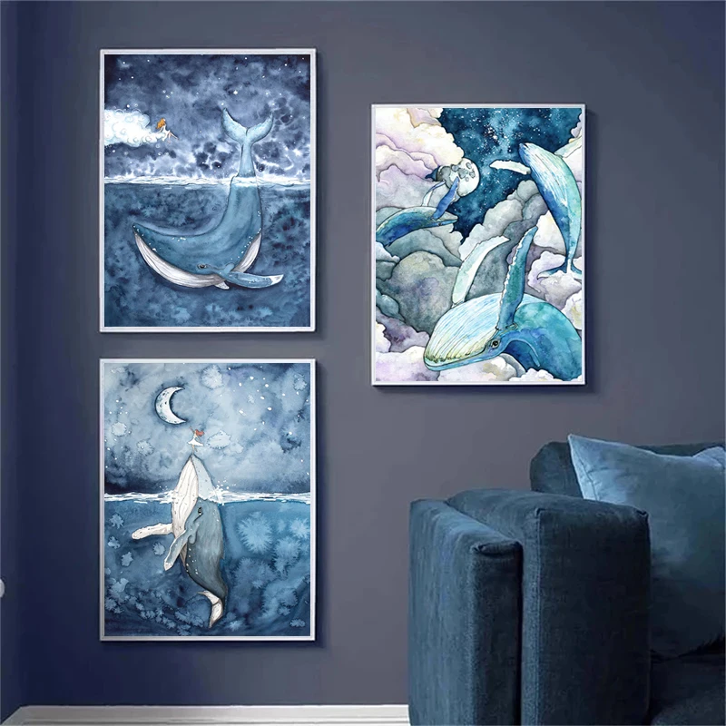 Синий Морской кив луна девушка лодка фотосессия плакаты и принты настенные