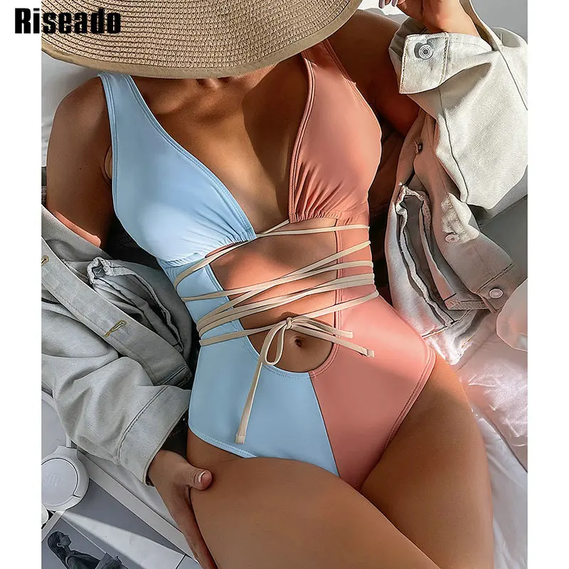 

Riseado Plunging Women Swimsuits One Piece Sexy Lace Up Monokini Colorblock Women's Swimwear 2022 New Cut Out Summer Beachwear