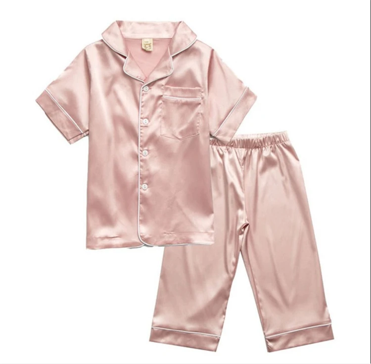 

Chinese Factory silk pajamas kids Set Short Sleeve Kids Summer Sleepwear For Girls