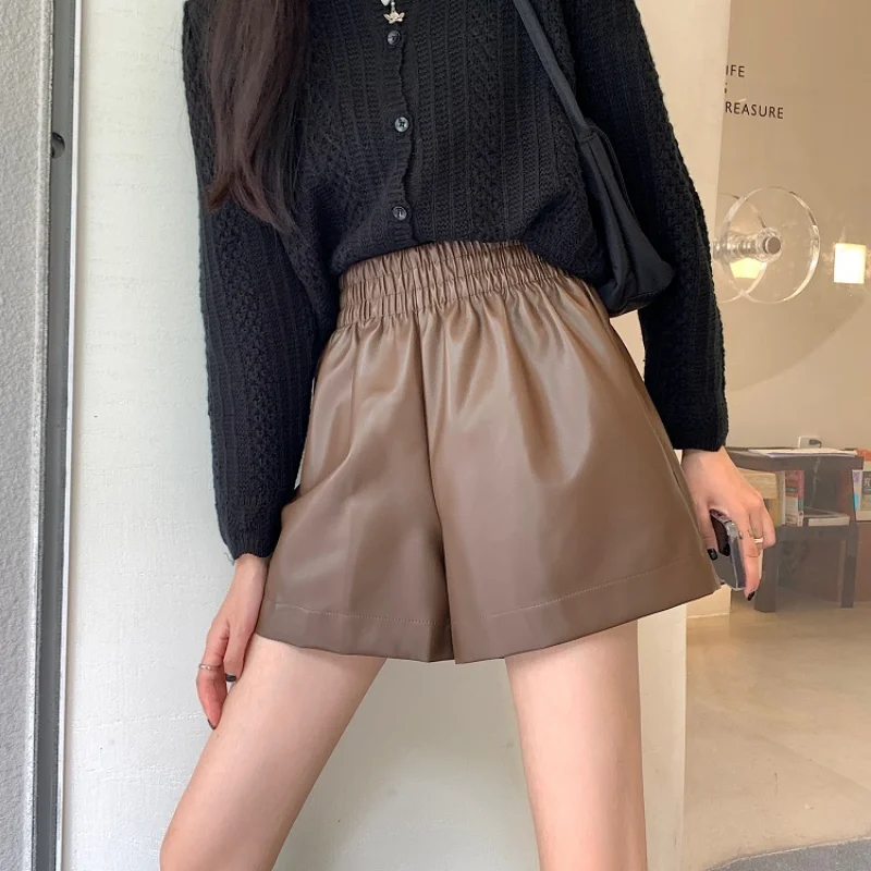 Brown PU Leather Shorts for Women Elastic Waist  A Line Wide Leg Pants Vintage Casual Bottoms Female Korean Style Clothing