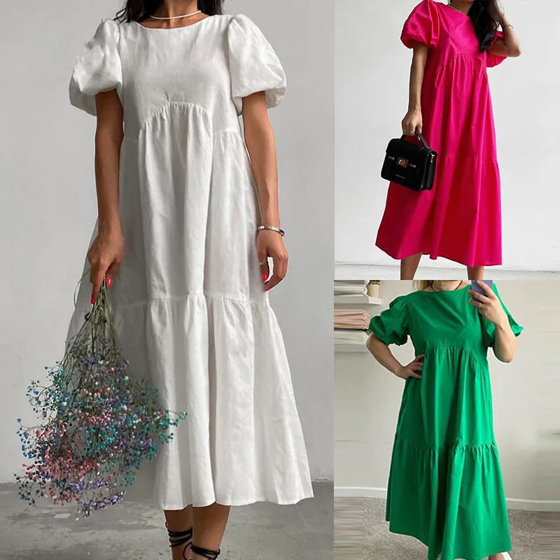 

Women's Dress Summer Fashion Solid Color Pullover Pleated Loose Dress Women's Casual Short Sleeve Round Neck Stitching Dress