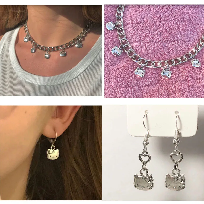 

Ожерелье Sanrioed с котенком для девочек, милое ретро-ожерелье с серьгами, дикая цепочка на ключицу, маленькие праздничные подарки для девушек