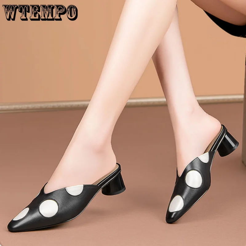 WTEMPO Pointed Mid Heels Slippers Women Summer Shoes Sexy Sandals Leather Mules Shallow Slides High Heel Shoes Dropshipping