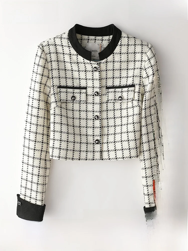 [Same Sle with Mall] Smen Shimeng Ретро клетчатое элегантное изящное короткое пальто с круглым