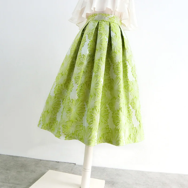 Spring 2023 New Retro Jacquard Green Ball Gown Skirts Women High Waist Party Umbrella