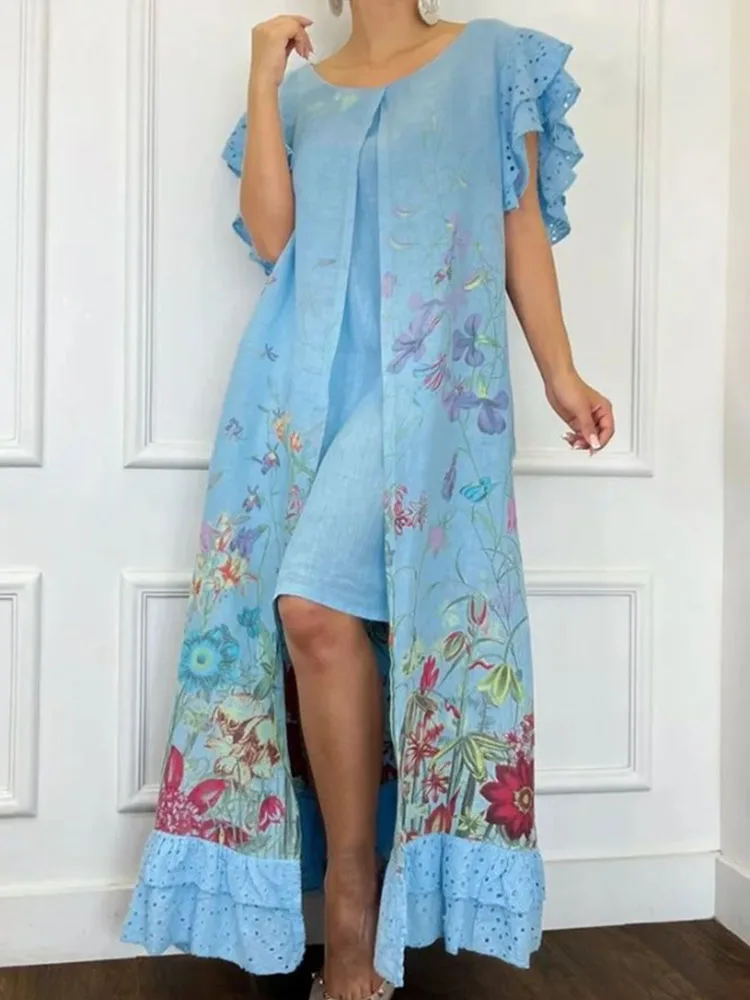 

Women Summer Fashion O Neck Ruffle Sleeves Fake Two Piece Long Dress Casual Loose Commuter Dress Floral Print Irregular Dress