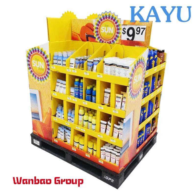 Retail corrugated floor shelf pallet trade show display stand store product shower beauty sun cream skincare display for mall
